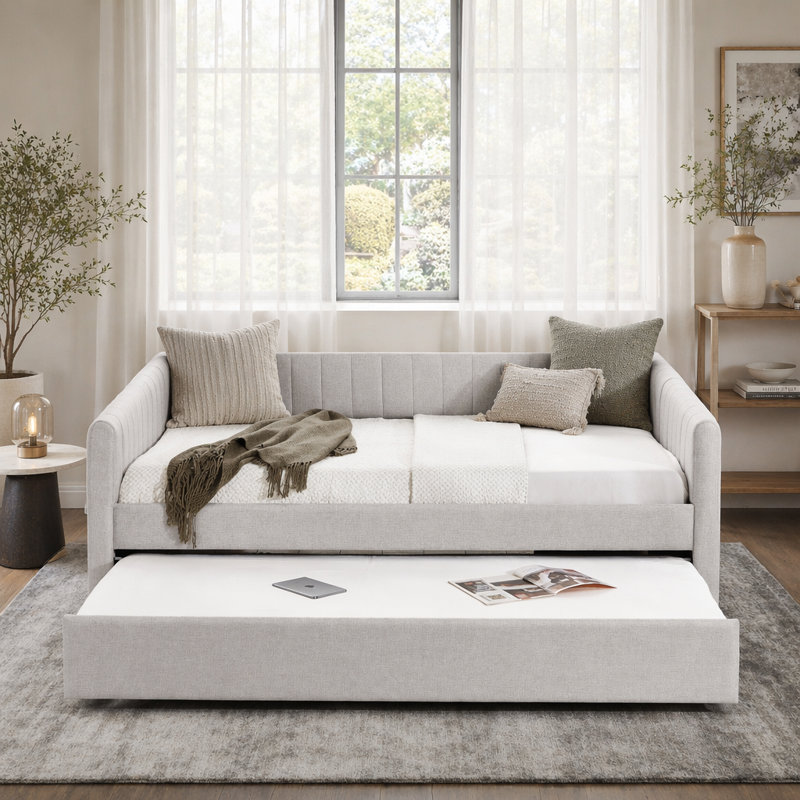 Lit de jour rembourré avec lit gigogne escamotable, structure de canapé beige en tissu de lin capitonné à rayures verticales, lit de repos d'invité robuste pour chambre à coucher, salon, chambre d'amis