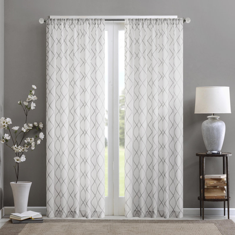Gray Sheer Embroidered Diamond Rod Pocket Curtain Panel