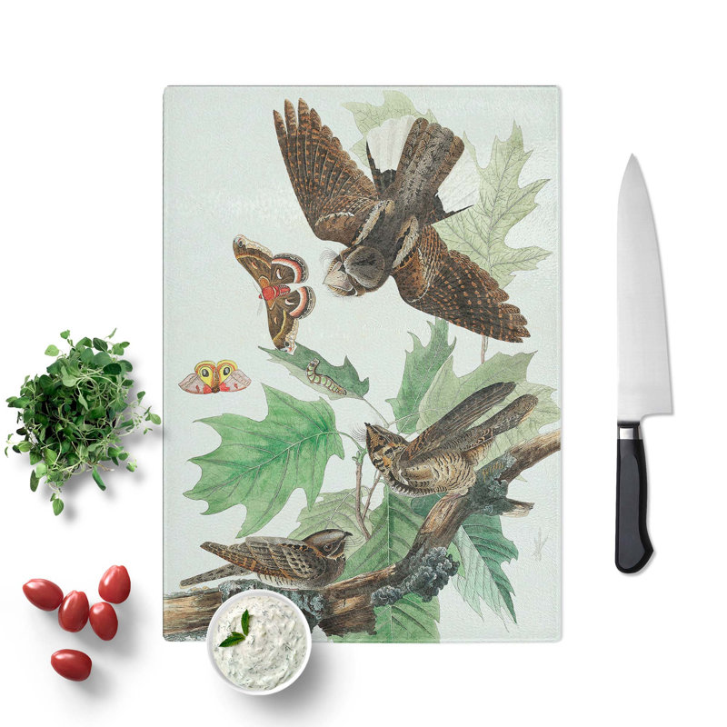 Tempered Glass Whip-Poor-Will Birds and Butterflies by John James Audubon Chopping Board, 20 cm W x 28.5 cm L