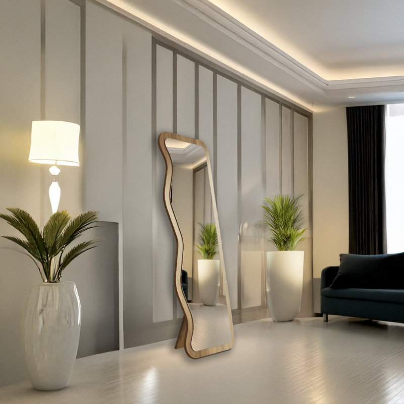 Unique Freestanding Curved Full Length Mirror, Walnut