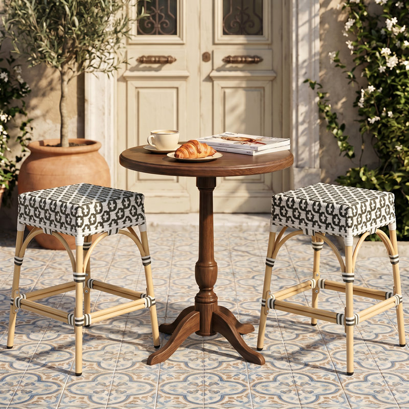Coastal PE Woven Bar Stools - Indoor/Outdoor Boho Stools With Footrest - Tri-Color Block Patterns, Black/White