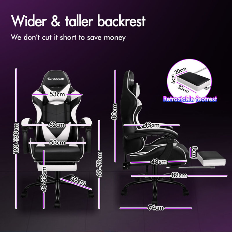 ELFORDSON Adjustable Reclining Swiveling PC & Racing Game Chair with Footrest, White