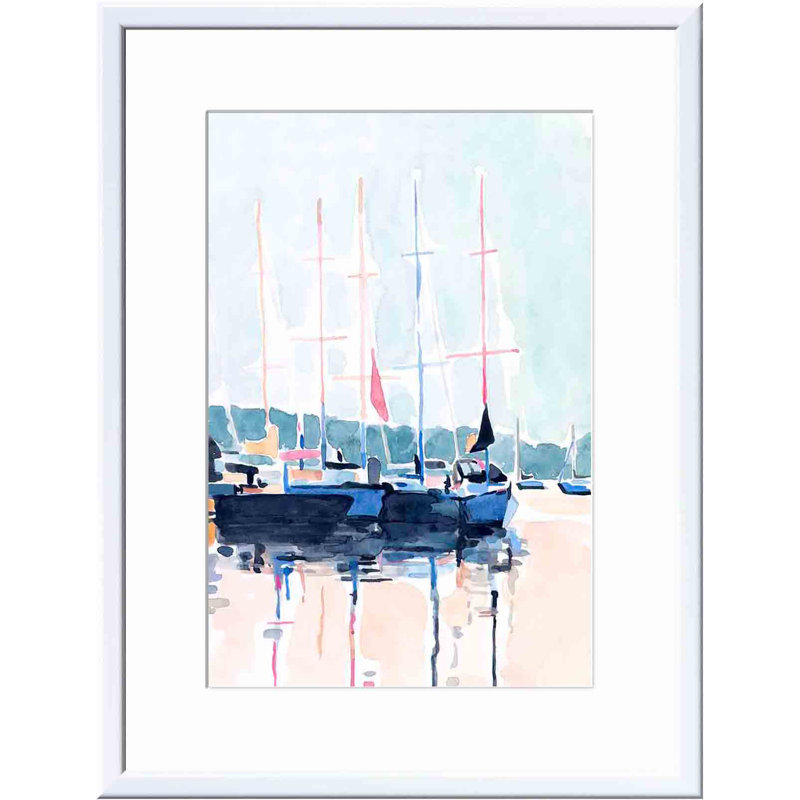 «Boat Club I» par Emma Scarvey - peinture encadrée, H 12 po x l 12 po, Blanc