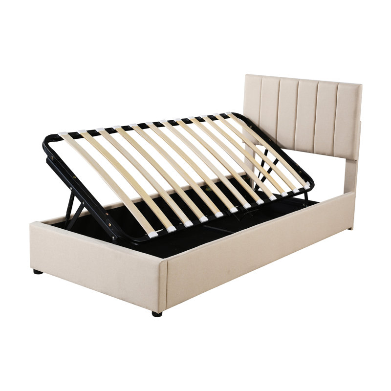 Lit plateforme tapissier avec rangement hydraulique pour lit simple de couleur beige