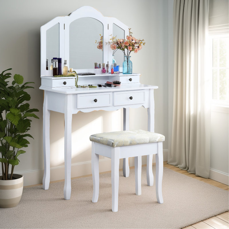 Wooden Vanity Make Up Table And Stool , White - Wood Construction With 3 Beveled Mirror Four Drawers Materials Fashionable Look