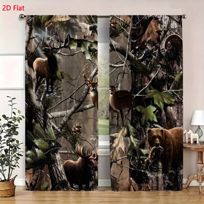 2 Piece Forest Wildlife Theme Window Curtains Nature Inspired Deer Bear Elk And Duck Print Decorative Drapes For Living Room Bedroom Rustic Lodge Cabin Style Home Decor Soft Fabric Curtain Set