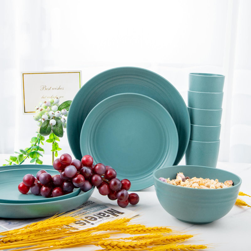 Dark Green Wheat Straw Unbreakable Dinnerware Set for 8