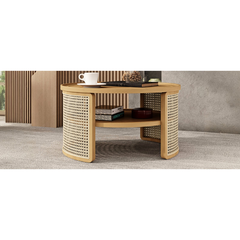 Table basse à 2 niveaux en bois naturel et ambiance chaleureuse de 31,3 po, rangement pratique avec base de style surface, rangement généreux, structure, dispositif de protection à bord arrondi