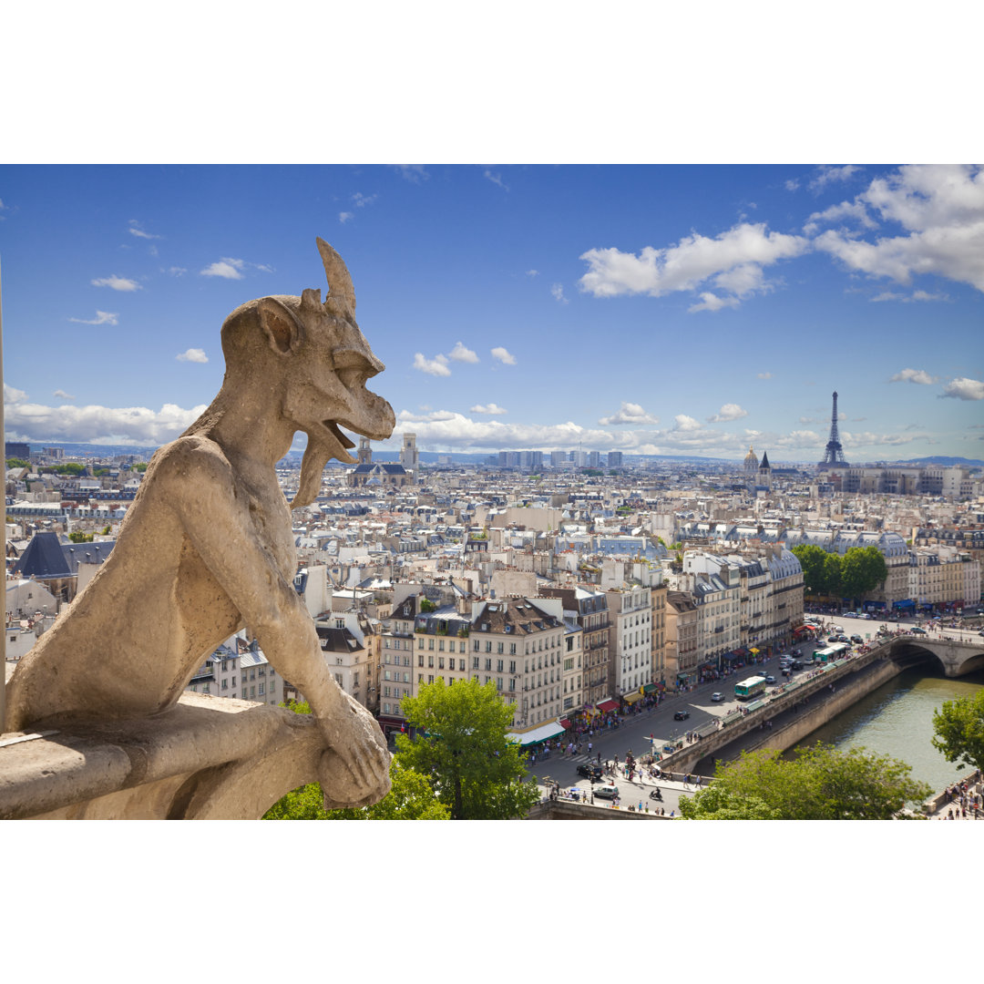 Leinwandbild Notre Dame: Chimera (Demon) Overlooking Paris Skyline A Summer Day