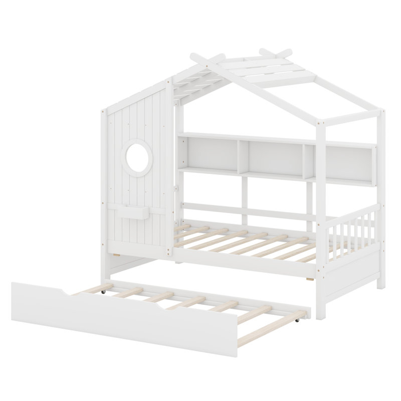 Lit simple en bois avec lit gigogne et tablette de rangement, Blanc