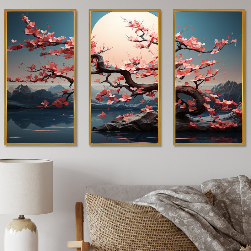«Pink Cherry Blossom Twilight», art mural paysage romantique au Japon, Cadre flottant doré, H 40 po x l 60 po x P 1 po