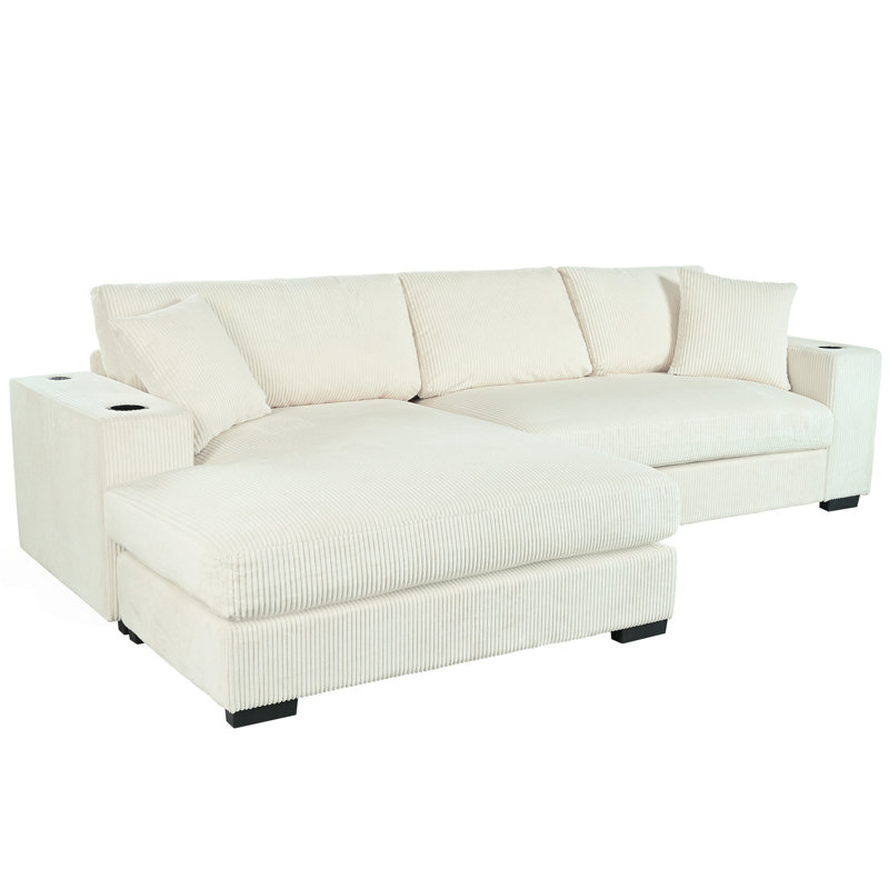 Grand canapé modulaire Mirod avec coussins épais, porte-gobelets et ports de charge intégrés, Velours côtelé beige