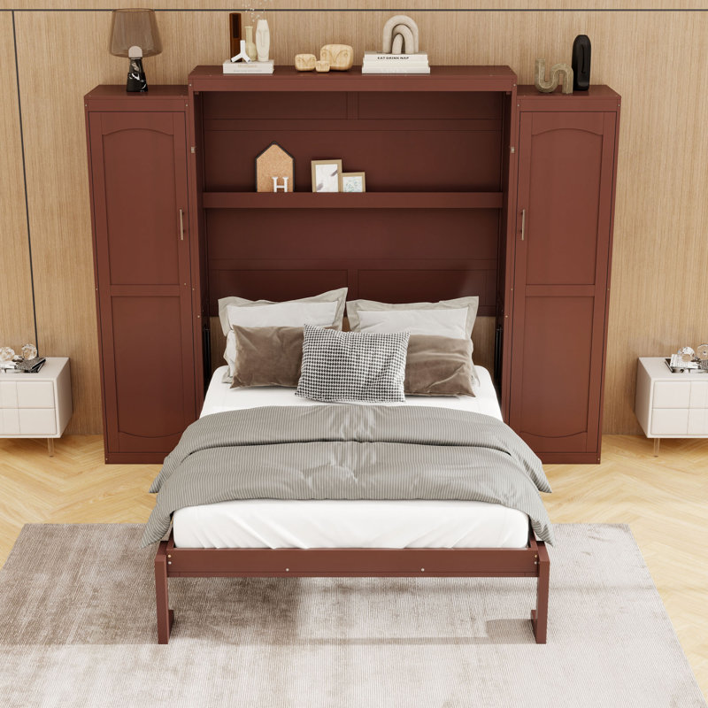 Murphy Bed with Wardrobe and Storage Shelf, Walnut, Full