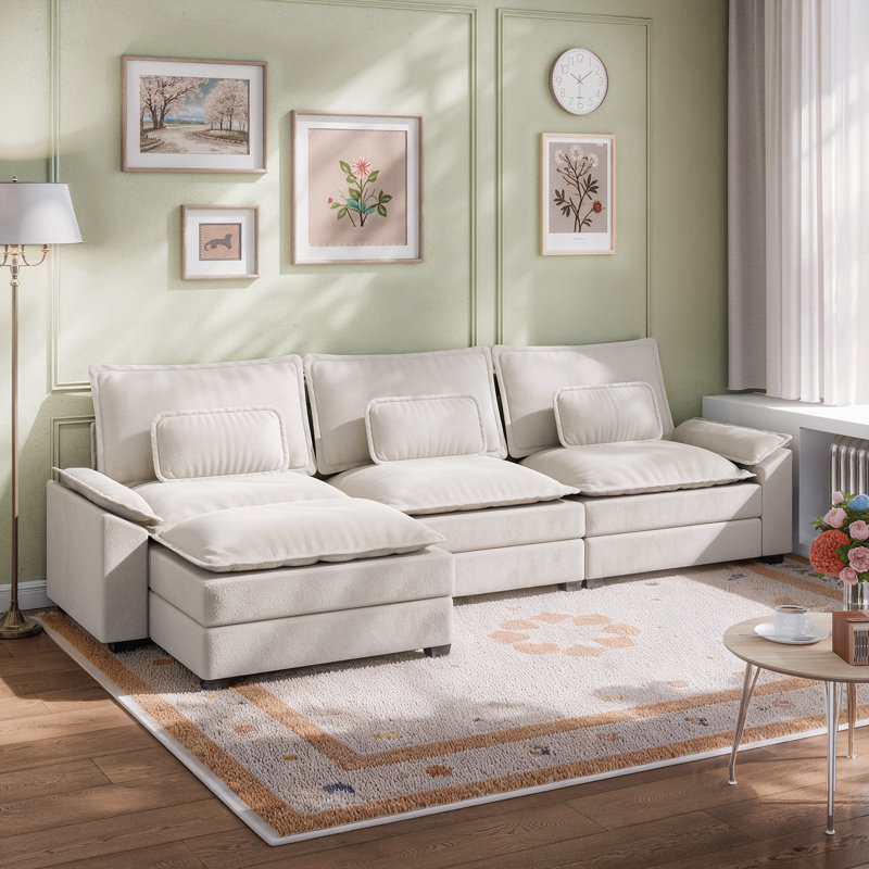 116'' Wide Modular Sectional Sofa With Removable Cushions, Ottoman, And Boucle Upholstery, Cream