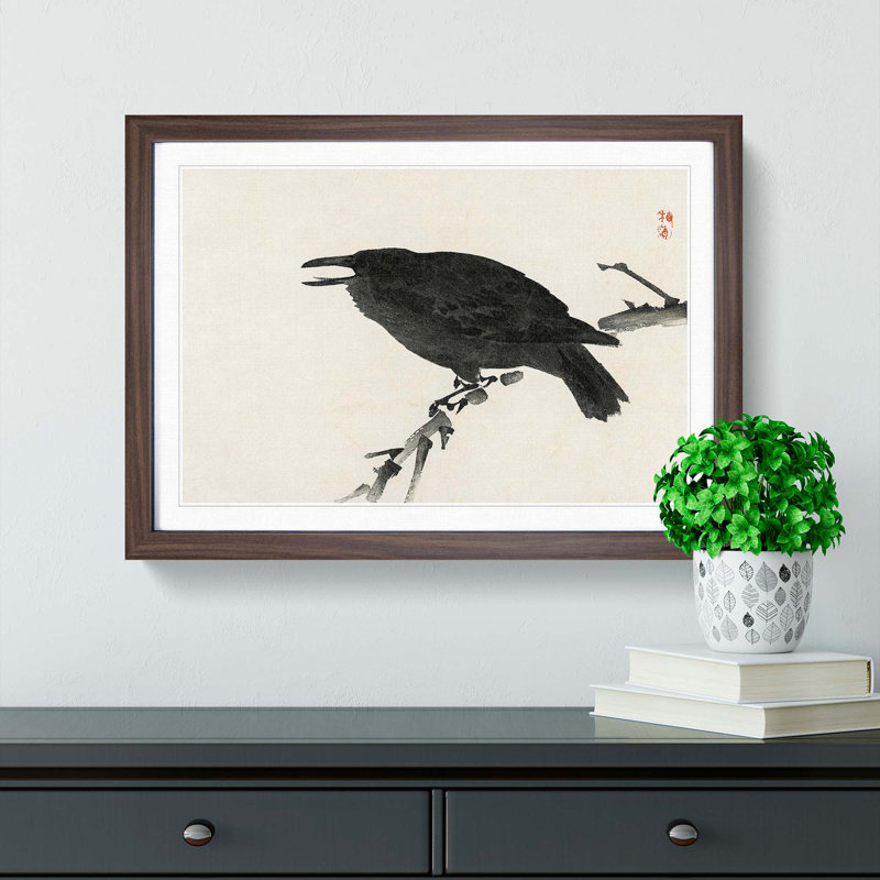 Black Crow by Kono Bairei - Picture Frame Painting Print, 27cm H x 36cm W x 2cm D, Walnut Framed