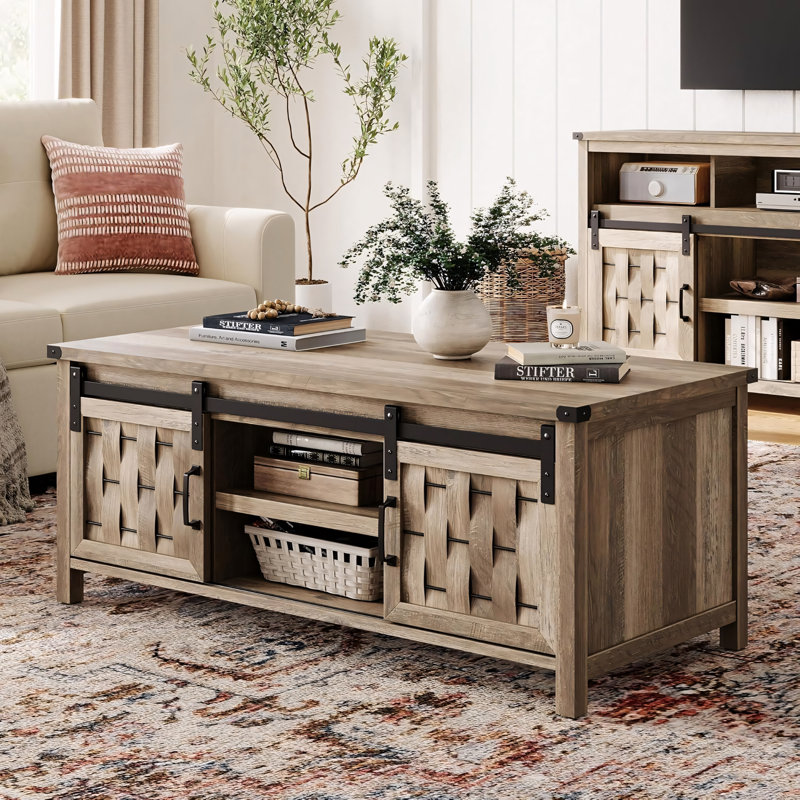 47" Farmhouse Coffee Table with Barn Doors & Adjustable Shelves, Light Brown