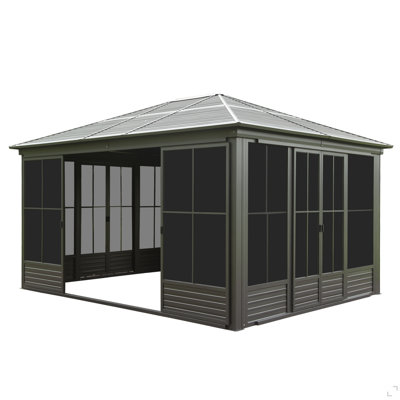 12X14ft Outdoor Sunroom, Galvanized Steel Hardtop Enclose Gazebo Sloping Roof, All Weather Aluminum Solarium Screen House For Patio Deck Backyard With Lockable Door, Moveable PC Screen