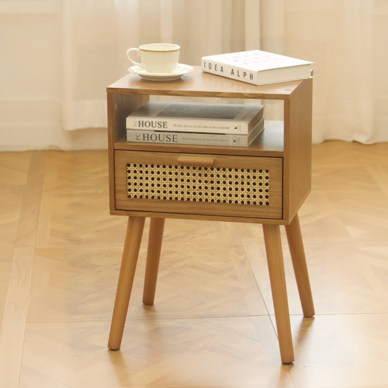 Mid Century Modern Nightstand - Small Bedside Table With Rattan Drawer - Wood End Table With Open Shelf For Small Spaces