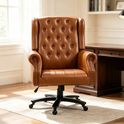 Fauteuil de direction traditionnel à oreilles en similicuir brun, 119 cm de hauteur, idéal pour le bureau à domicile.