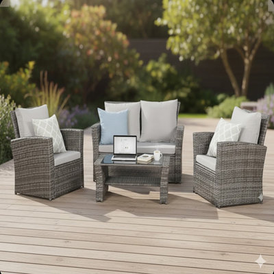 Ensemble de conversation de patio 4 pièces avec table et coussins en verre