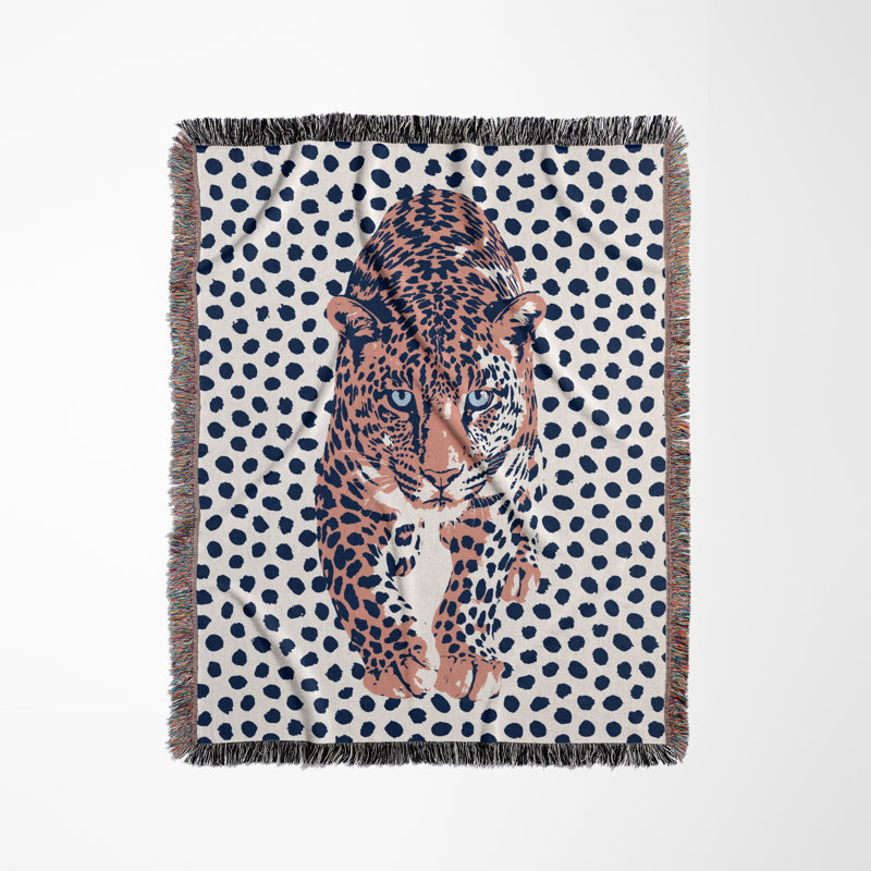 Jeté en mélange de coton Inky Leopard, Bleu / rose clair / blanc cassé, L 60 po x l 60 po