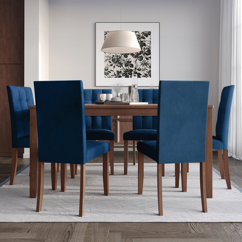 Ensemble de salle à manger avec table de salle à manger de L 59 po et chaise en bois, 7 pièces : table, 6 chaises, Marine
