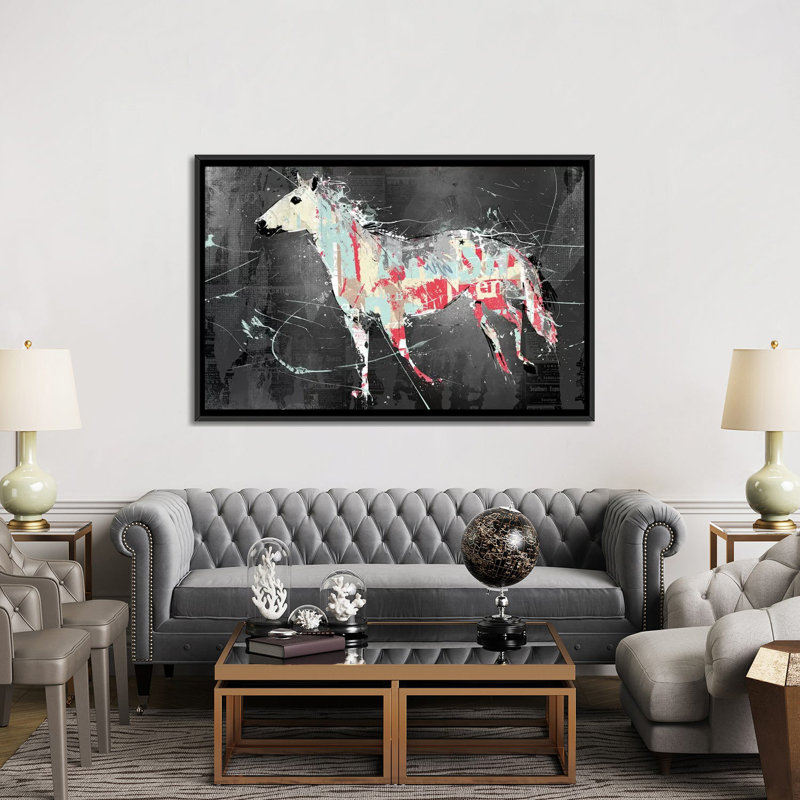 Cheval déchiré, impression sur toile tendue, H 18 po x l 26 po x P 1,5 po, Toile avec cadre noir, Pas de tapis