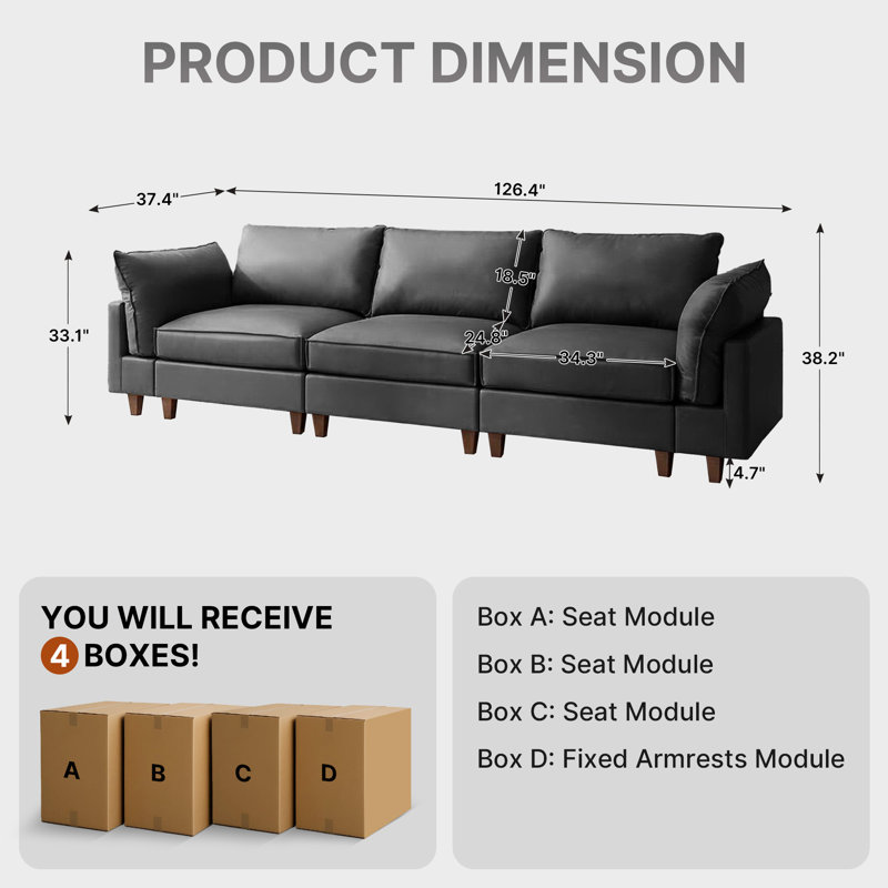 Canapé modulaire rembourré 3 pièces 3 pièces, Faux cuir gris