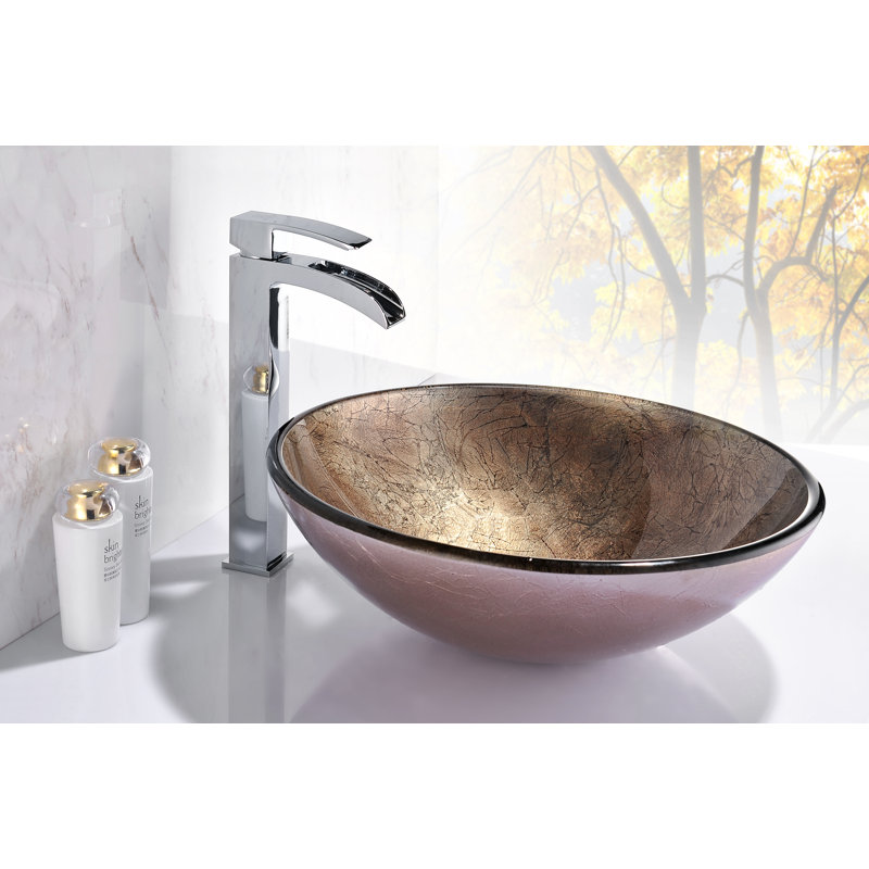 Stellar Series Deco-Glass Round Vessel Sink in Platinum Storm