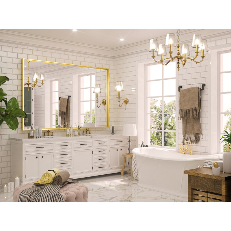 Miroir de salle de bain rectangulaire avec cadre en aluminium et verre trempé, Doré, 55 po x 36 po