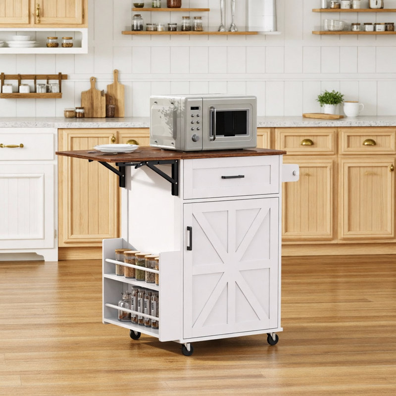 39.3" Farmhouse Kitchen Island with Drop Leaf, Kitchen Storage Island with Open Side Rack, One Drawer, Towel Rack, Rolling Kitchen Cart with Lockable Wheels for Lawn Garden, White