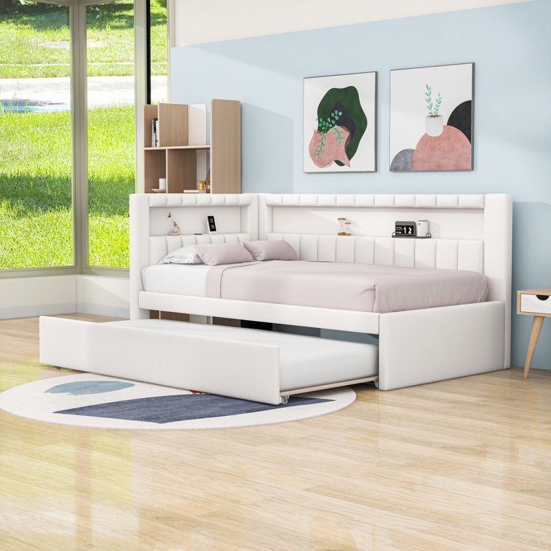 Upholstered Twin Daybed with Trundle, LED Lighting and USB Ports, White