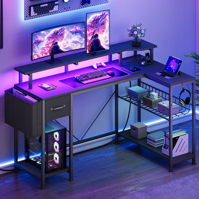 L-Shaped Metal Base Computer Desk with Power Outlet