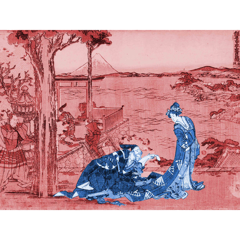 Décalcomanie murale amovible en bois courtesan japonais, H 36 po x l 48 po, Rouge / Bleu