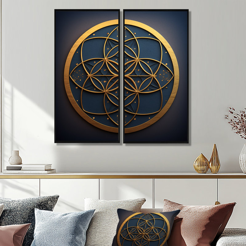 Sacrement de la géométrie sacrée bleue - reproduction d'art moderne sur toile, 40" H x 40" W, Impression encadrée flottante