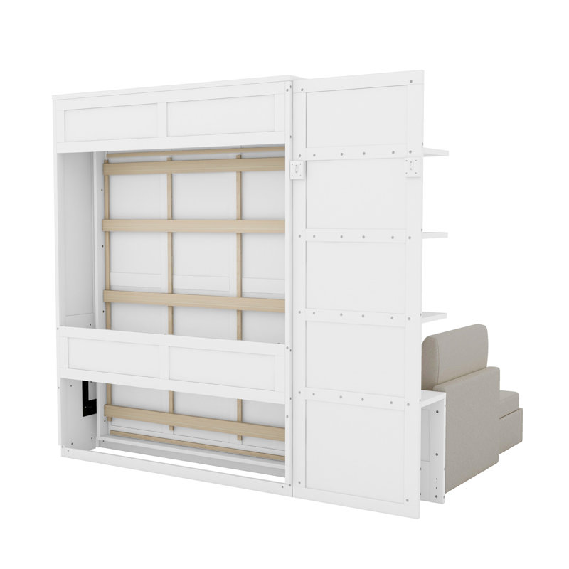 Grand lit escamotable mural avec canapé et tablettes, blanc, Blanc