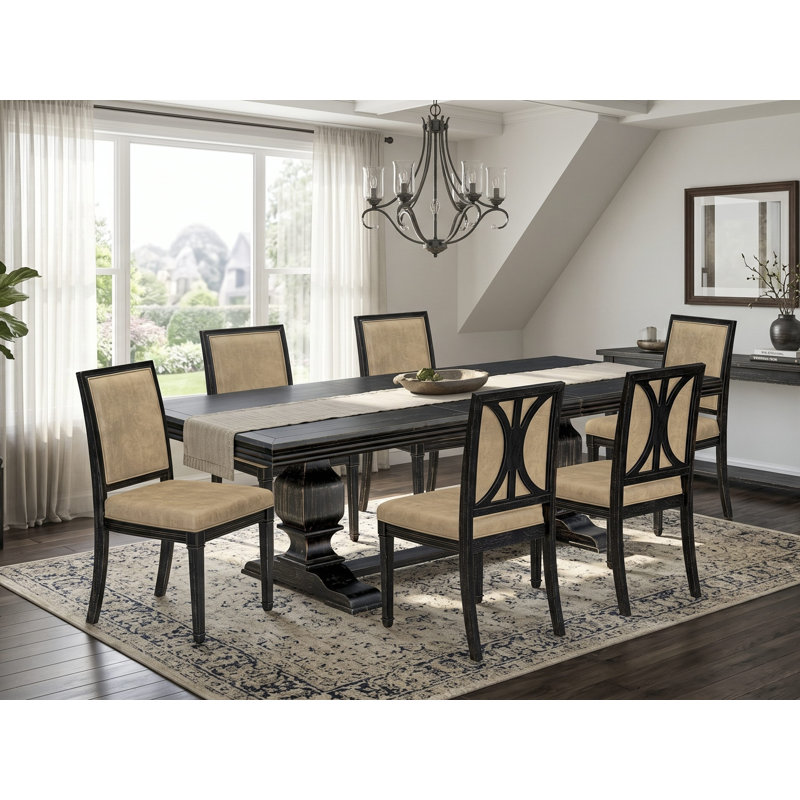 Cet ensemble de table de salle à manger moderne 7 pièces comprend une table de salle à manger et 6 chaises de cuisine en similicuir beige à haut dossier - Finition sable