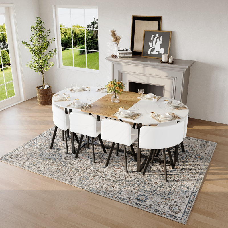 Ensemble de salle à manger ovale avec chaises en cuir PU blanc, Noir, blanc, bois / noir, Blanc