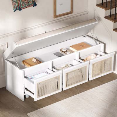 Banc de rangement pour chaussures de 48 pouces avec tiroirs en rotin et coussin rembourré capitonné pour un rangement et des sièges polyvalents