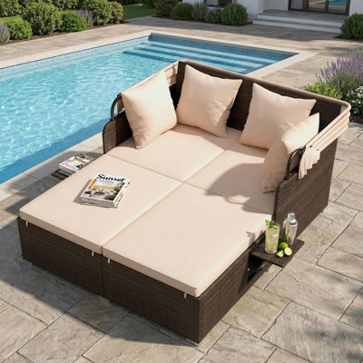 All-Weather PE Rattan Outdoor Patio Daybed, UV-Resistant Retractable Canopy & 2 Detachable Side Tables, Suitable For Patio, Backyard, Deck, Poolside, Garden