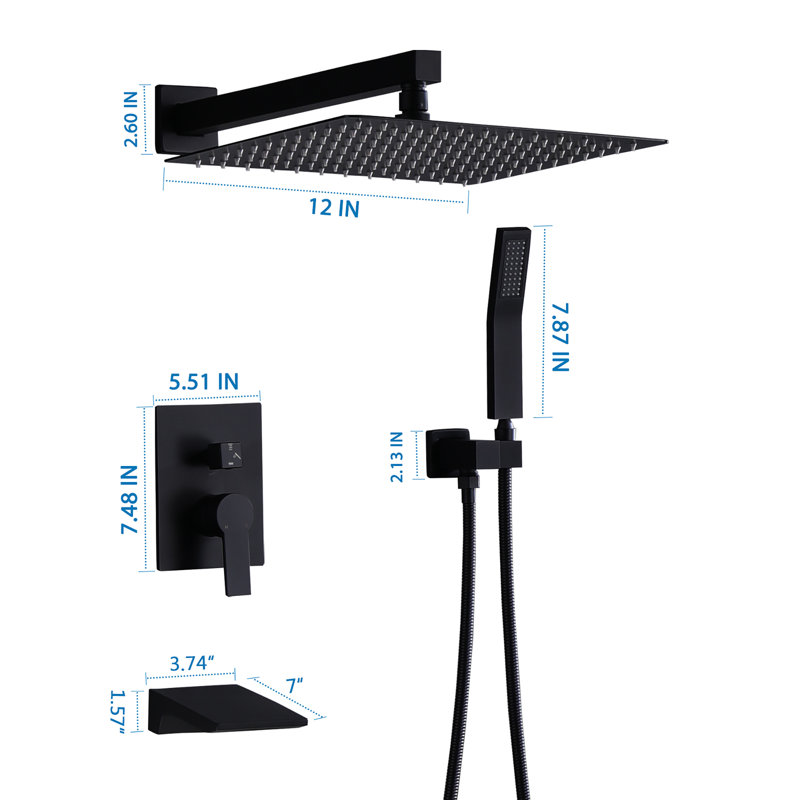 Black Shower System with Tub Spout, All Metal Tub Shower Faucet Set with 12" Rain Shower Head and Handheld Spray combo, Wall Mounted Tub Shower Systems with Valve and Trim Kit, Matte Black
