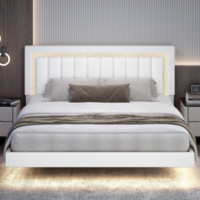 Floating Bed Frame with Smart LED Lights, Faux Leather Upholstered Platform Bed with Diamond PU Headboard