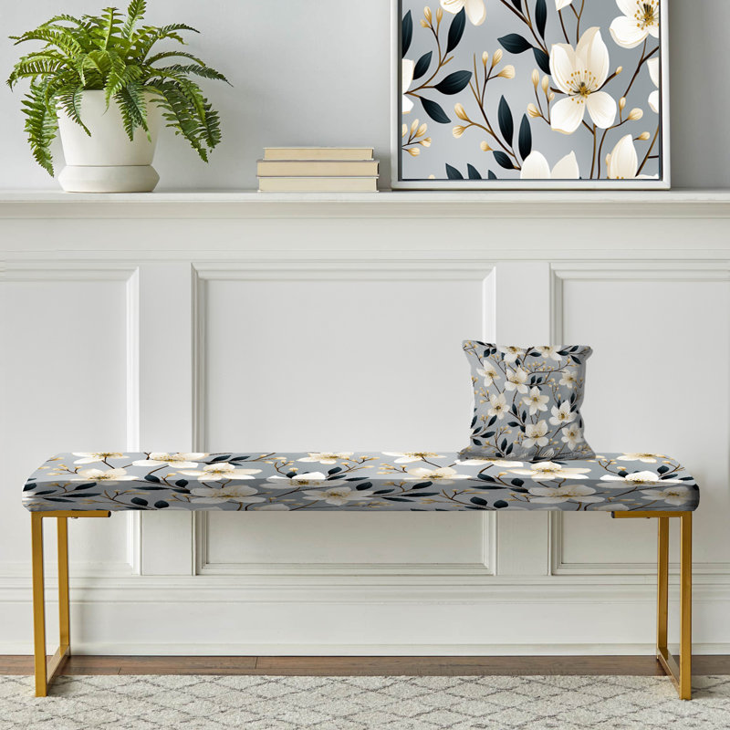 Minimalisme avec motif de fleurs grises et beiges - Banc rembourré floral doré