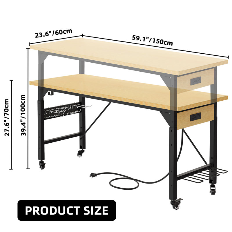 59.2'' W Manufactured Wood Top Height-Adjustable Workbench with Wheels