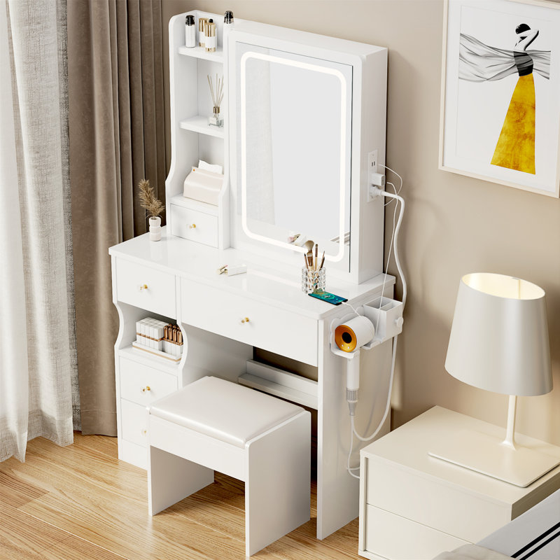 Small Space Left Drawer Desktop Vanity Table + Cushioned Stool, 2 AC+2 USB Power Station, White 1
