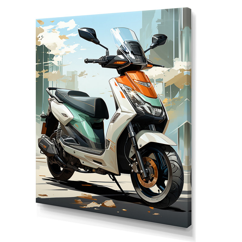 Scooter de ville blanc avec corail - impression d'art mural, H 20 po x l 12 po x P 1 po, Toile tendue