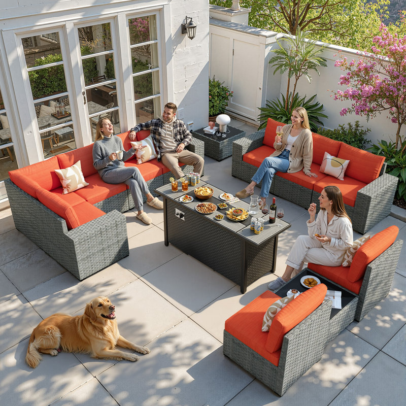Ensemble modulaire d'extérieur en osier 13 pièces Sei avec accoudoirs ultra-larges, ensemble de conversation pour patio avec coussins et foyer