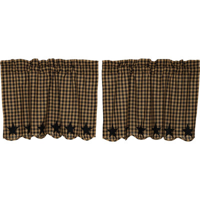 Navy Star Cotton Plaid Scalloped Cafe Curtain