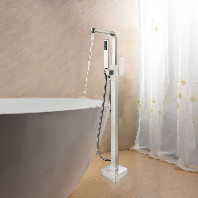 Robinet de baignoire à fixer au sol à poignée simple avec douche à main, Nickel brossé