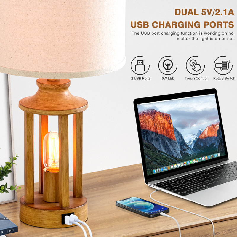 Cochranville 23.6" Modern Lantern Table Lamp with USB Ports and Touch Control, Beige, Gold